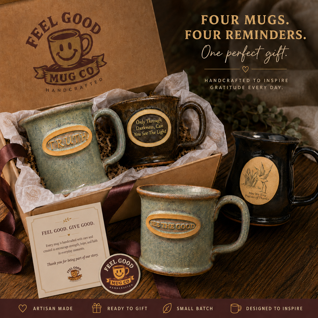 Four Mugs. Four Reminders. One perfect gift. Handcrafted to inspire gratitude every day.