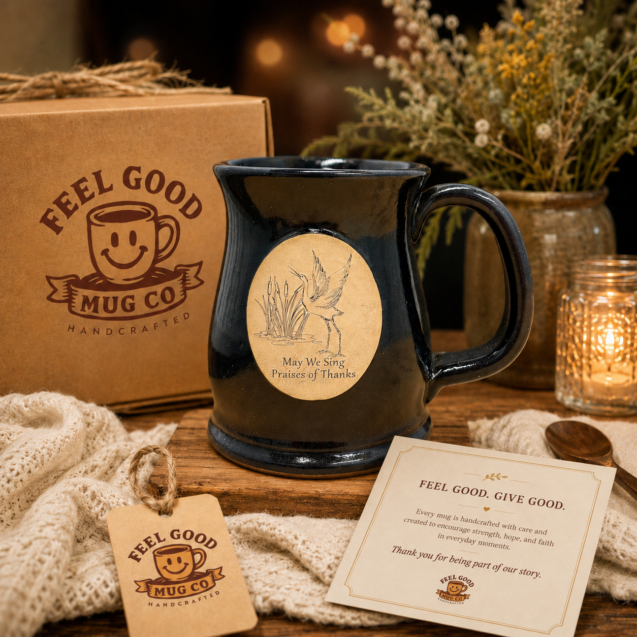 May We Sing Praises of Thanks mug in a warm brand story setting