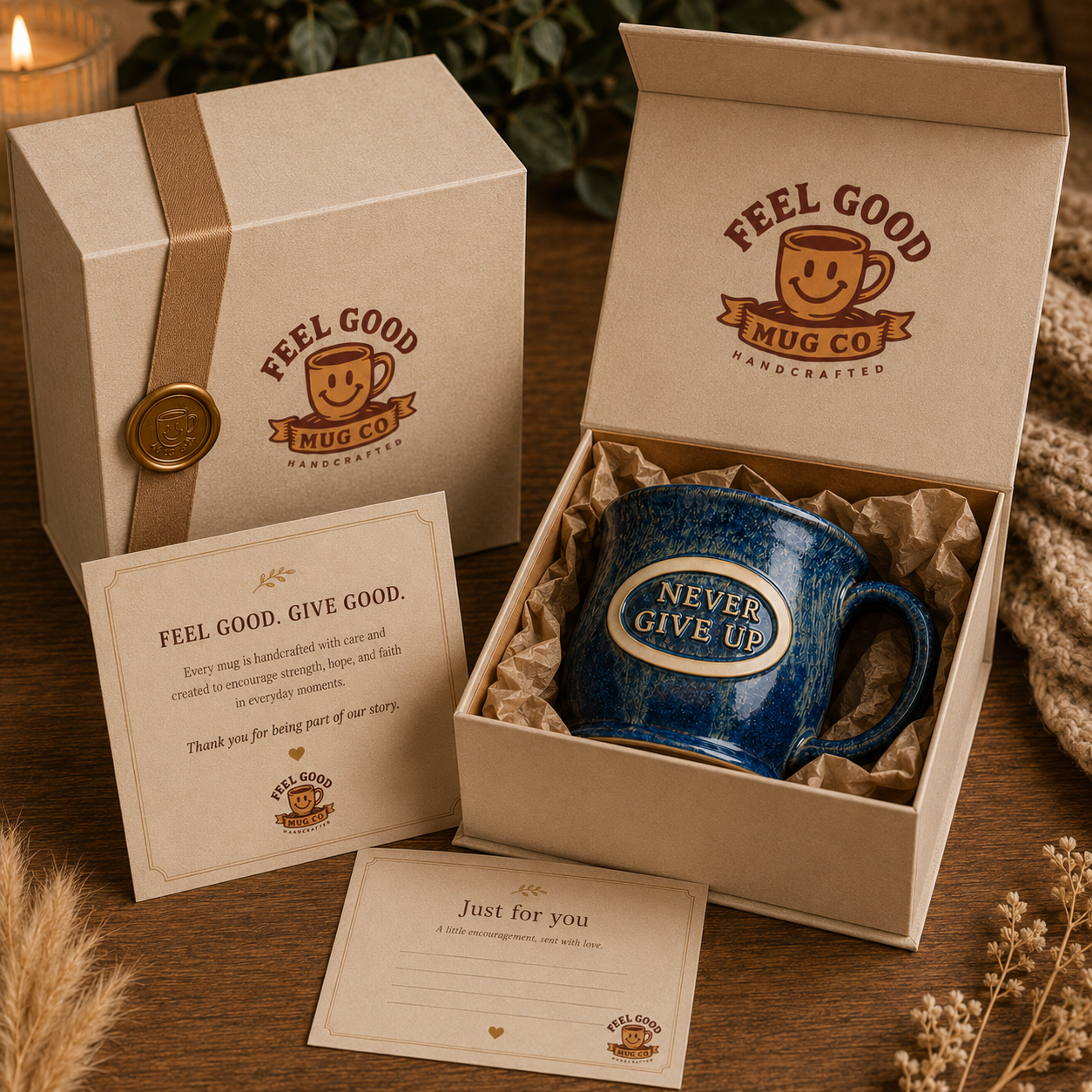Never Give Up mug in elegant Feel Good Mug Co. gift packaging