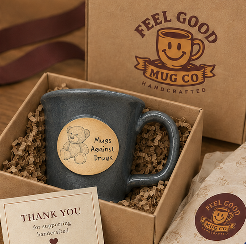 Mugs Against Drugs navy stoneware mug in a Feel Good Mug Co. gift box with packaging